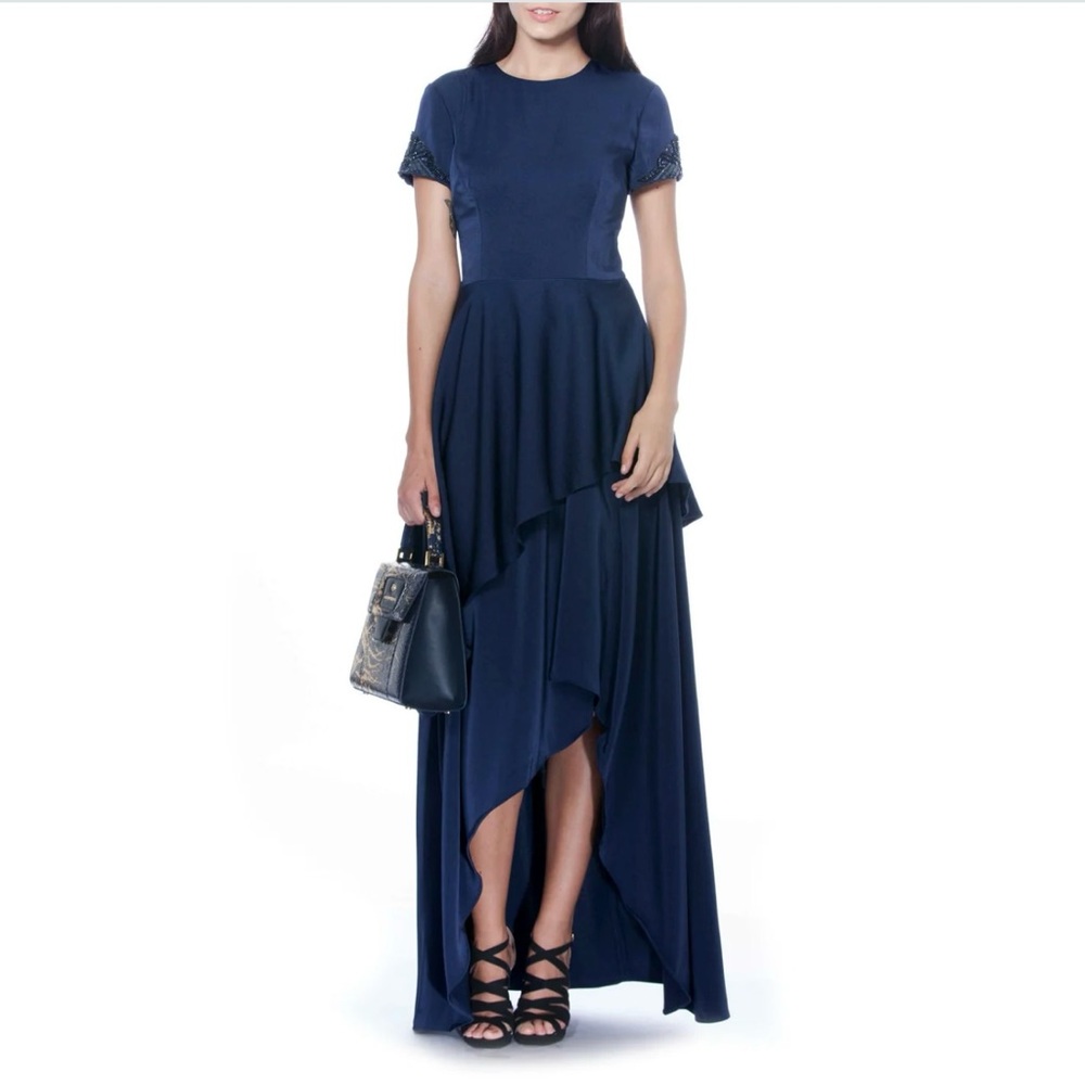 David Meister Asymmetrical Navy Dress evening gown